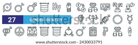 set of 27 outline web gender identity icons such as epicene, travesti, androgyne, heterosexual, labrys, peace, demiboy, gender neutral vector thin line icons for web design, mobile app.