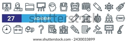 set of 27 outline web academy icons such as video tutorial, teacher, folder, schedule, library, briefcase, highlighter, inkwell vector thin line icons for web design, mobile app.