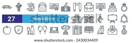 set of 27 outline web university icons such as limousine, flower bouquet, graduation toga, briefcase, photo, shield, test, medal vector thin line icons for web design, mobile app.