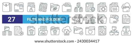 set of 27 outline web files and folders icons such as envelop, bookmark, upload, secure folder, degree, wrong, remove folder, file download vector thin line icons for web design, mobile app.