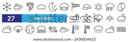 set of 27 outline web weather icons such as snow, rain, hurricane, cloud, haw weather, snow, temperature, fog vector thin line icons for web design, mobile app.