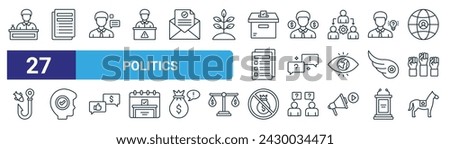 set of 27 outline web politics icons such as lobby, chicanery, demagogue, embezzlement, front burner, check, bribery, dark horse vector thin line icons for web design, mobile app.