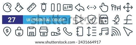 set of 27 outline web ui essential color icons such as pallet, paint bucket, ruler, pagination, protection, lock, notepad, pointer vector thin line icons for web design, mobile app.