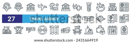 set of 27 outline web travel agency icons such as tourism, sightseeing, beach house, pcr test, plane ticket, bus, car rental, passport vector thin line icons for web design, mobile app.