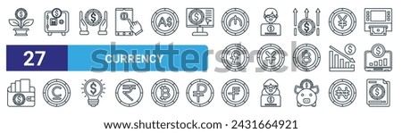set of 27 outline web currency icons such as grow, safe box, money saving, account, chinese, som, swiss franc, invoices vector thin line icons for web design, mobile app.