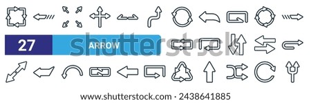 set of 27 outline web arrow icons such as arrows, left arrow, full screen, left, repeat, left arrow, triangle, junction vector thin line icons for web design, mobile app.