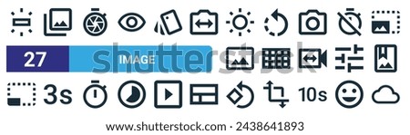 set of 27 outline web image icons such as incandescent, library, shutter, rotate, grid, timer, rotate, cloud vector thin line icons for web design, mobile app.
