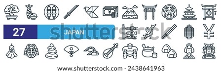 set of 27 outline web japan icons such as bonsai, wasabi, yakitori, torii gate, japan, kabuki, sumo, samurai vector thin line icons for web design, mobile app.