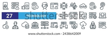 set of 27 outline web technology icons such as hacker, server, optimize, credit card, warning browser, programmer, server, server vector thin line icons for web design, mobile app.