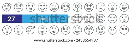 set of 27 outline web emoji icons such as tongue out, nerd, tongue out, glasses, knocked out, dizzy, drooling, unamused vector thin line icons for web design, mobile app.