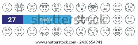set of 27 outline web emoji icons such as dizzy, sick, upside down, disguise, worried, ugly, dead, upside down vector thin line icons for web design, mobile app.