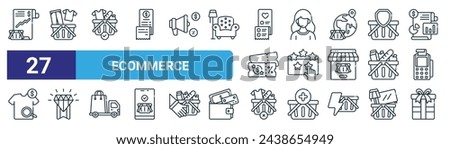 set of 27 outline web ecommerce icons such as sales report, clothes, check out, customer service, rating, medal, cancel, gift vector thin line icons for web design, mobile app.
