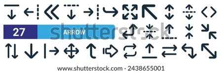 set of 27 outline web arrow icons such as down arrow, arrow left, left chevron, up left fold, down, repeat, diagonal vector thin line icons for web design, mobile app.