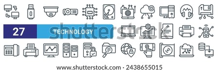 set of 27 outline web technology icons such as data transfer, usb, camera, cloud hosting, maintenance, printer, network protection, backup vector thin line icons for web design, mobile app.