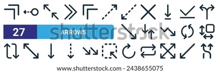 set of 27 outline web arrows icons such as top right, swipe left, top left, cross, up down, diagonal arrow, rotate, shuffle vector thin line icons for web design, mobile app.