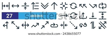 set of 27 outline web arrows icons such as minimize, left right, align center, loop, loop, diagonal arrows, align center, diagonal arrows vector thin line icons for web design, mobile app.