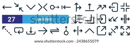 set of 27 outline web arrows icons such as left arrow, diagonal arrows, down chevron, move up, bottom right, backward, distribute spacing horizontal, maximize vector thin line icons for web design,