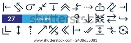 set of 27 outline web arrows icons such as left alignment, diagonal arrows, forward, right arrow, down arrow, up down, move right, camera rotate vector thin line icons for web design, mobile app.