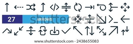set of 27 outline web arrows icons such as up arrow, left arrow, shuffle, right arrow, distribute spacing vertical, bottom left, top left, up down vector thin line icons for web design, mobile app.