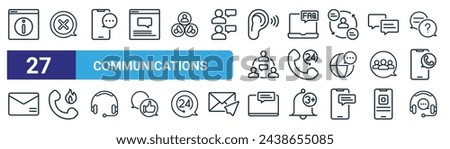 set of 27 outline web communications icons such as information, cancel, message, frequently asked questions, hours support, hotline, chat box, headphone vector thin line icons for web design, mobile
