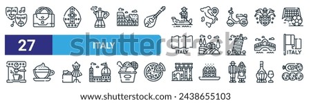 set of 27 outline web italy icons such as opera, handbag, pope, italian map, tuscany, cappuccino, pompeii, salami vector thin line icons for web design, mobile app.