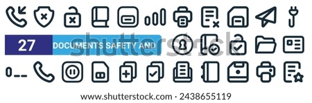 set of 27 outline web documents safety and icons such as call in, shield, lock, document, book, phone, document, document vector thin line icons for web design, mobile app.