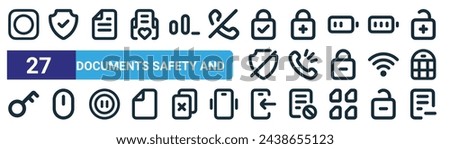set of 27 outline web documents safety and icons such as on off, shield, document, lock, ring, mouse, swipe left, document vector thin line icons for web design, mobile app.