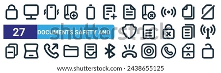 set of 27 outline web documents safety and icons such as lock, computer, ring, book, document, laptop, ring, open lock vector thin line icons for web design, mobile app.
