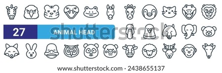 set of 27 outline web animal head icons such as zebra, eagle, tiger, penguin, pigeon, rabbit, cow, goat vector thin line icons for web design, mobile app.