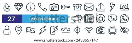 set of 27 outline web user interface icons such as fire, diamond, information, envelope, telephone, pin holder, focus, hide vector thin line icons for web design, mobile app.