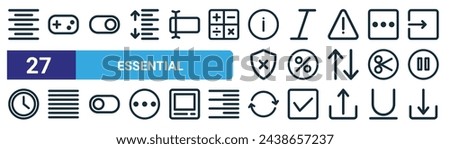 set of 27 outline web essential icons such as center, game, switch on, italic, percent, justify, sync, download vector thin line icons for web design, mobile app.