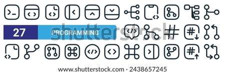 set of 27 outline web programming icons such as code, code, code, hierarchy, hierarchy, command, arrows vector thin line icons for web design, mobile app.