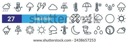 set of 27 outline web weather icons such as rainy day, snowman, lightning, umbrella, wind, umbrella, crescent moon, cloudy vector thin line icons for web design, mobile app.