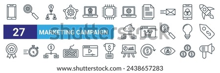 set of 27 outline web marketing campaign icons such as mobile phone, search, network, paper, premium account, timer, pie chart, loud speaker vector thin line icons for web design, mobile app.