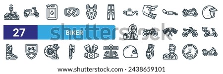 set of 27 outline web biker icons such as motorcycle parking, scooter, gas, motor helmet, electric bike, motorbike, motor helmet, motorcycle vector thin line icons for web design, mobile app.