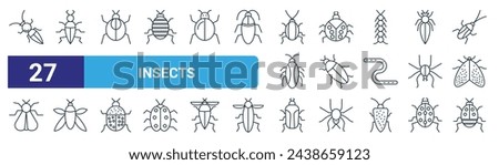 set of 27 outline web insects icons such as formicidae, insect, insect, ladybird, cockroach, insect, bug vector thin line icons for web design, mobile app.