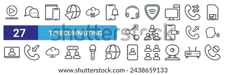 set of 27 outline web telecommuting icons such as video player, chat box, device, vpn, group, incoming call, contact book, block vector thin line icons for web design, mobile app.
