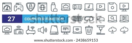 set of 27 outline web computer function icons such as speedometer, gaming, security, music, virtual reality glasses, projector, wifi, cloud download vector thin line icons for web design, mobile