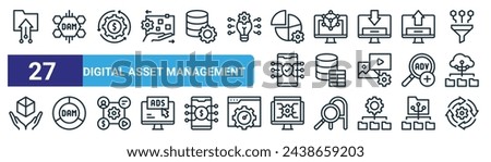 set of 27 outline web digital asset management icons such as folder, digital as management, digital as management, database table, workflow vector thin line icons for web design, mobile app.