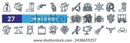 set of 27 outline web the wild west icons such as money bag, skull, boot, saloon, american indian, sun, axe, cowboy hat vector thin line icons for web design, mobile app.