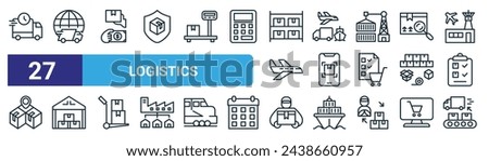 set of 27 outline web logistics icons such as shipping, delivery truck, cash on delivery, transportation, tracking, warehouse, courier, shipping vector thin line icons for web design, mobile app.