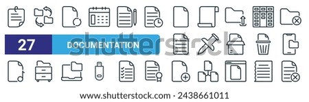 set of 27 outline web documentation icons such as sticky notes, data sharing, refresh, paper, push pin, filling cabinet, new file, delete vector thin line icons for web design, mobile app.
