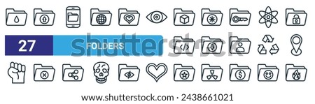 set of 27 outline web folders icons such as water, upload, mobile, snowflake, download, empty folder, favourite, fire vector thin line icons for web design, mobile app.