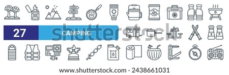 set of 27 outline web camping icons such as mushrooms, lighter, mountain, snack, pot, life vest, toilet paper, radio vector thin line icons for web design, mobile app.