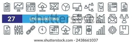 set of 27 outline web seo marketing icons such as clipboard, monitoring, browser, affiliate marketing,  , tweaks, bookmark, box vector thin line icons for web design, mobile app.