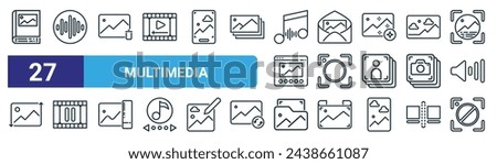set of 27 outline web multimedia icons such as photo album, sound, delete, email, camera, pause, folder, camera vector thin line icons for web design, mobile app.
