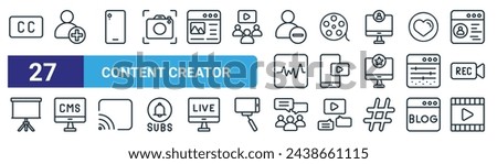 set of 27 outline web content creator icons such as close caption, follow, phone camera, film reel, video, cms, forum, music and multimedia vector thin line icons for web design, mobile app.