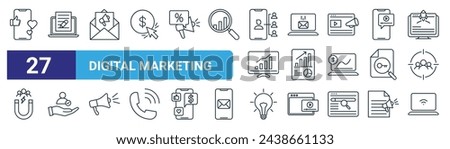 set of 27 outline web digital marketing icons such as mobile advertisement, content, email marketing, email, report business, user account, bulb, wifi vector thin line icons for web design, mobile