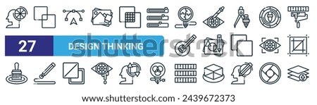 set of 27 outline web design thinking icons such as color guide, intersect, selection tool, color picker, sketch, drawing, color balance, layer vector thin line icons for web design, mobile app.