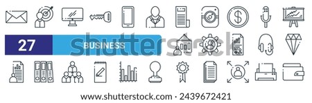 set of 27 outline web business icons such as mail inbox, focus on results, monitor screen, photo, tings notification, book arrangement, award variant, wallet passes app vector thin line icons for